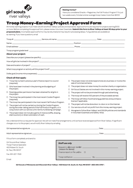 Fillable Girl Scouts River Valleys Troop Money-Earning Project Approval Form Printable pdf