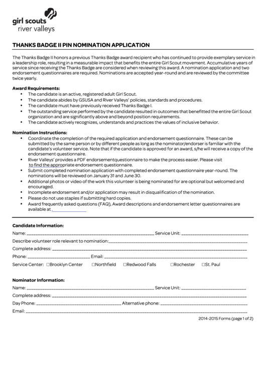 Fillable Girl Scouts Of Minnesota And Wisconsin River Valleys Thanks Badge Ii Pin Nomination Application Form Printable pdf
