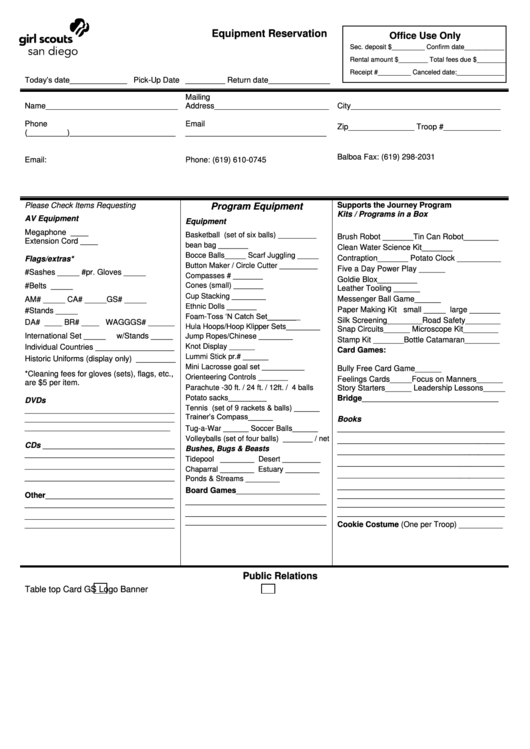 Form Equ-0004w - Equipment Reservation Form Printable pdf
