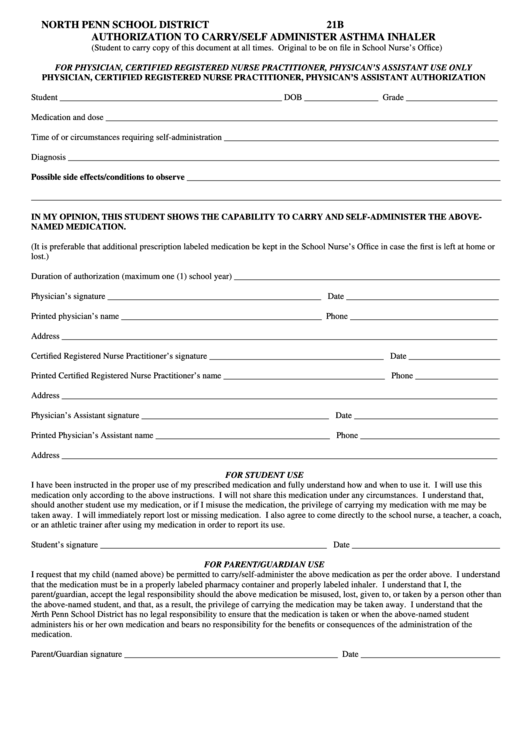 Form 21b - Authorization To Carry/self Administer Asthma Inhaler