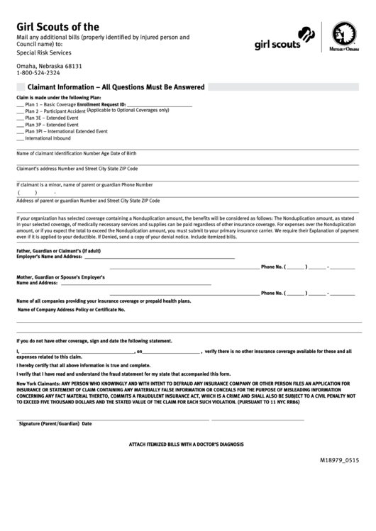 Fillable Form M18979_0515 - Girl Scouts Of The U.s.a. Claim Form Printable pdf