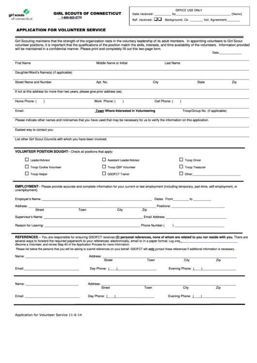 Girl Scouts Of Connecticut Application For Volunteer Service Form Printable pdf