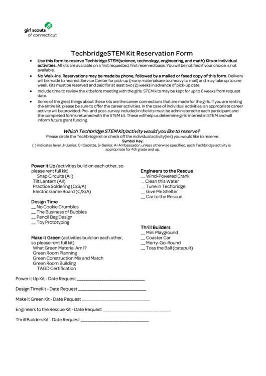 Techbridge Stem Kit Reservation Form Printable pdf