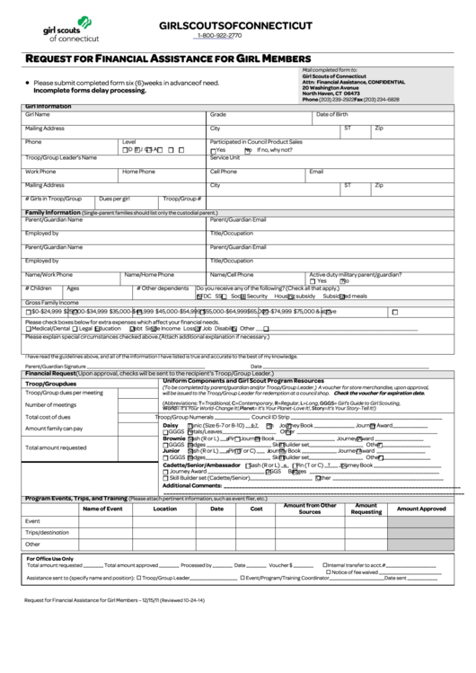 Fillable Form Request For Financial Assistance For Girl Members-Girl Scouts Of Connecticut Printable pdf