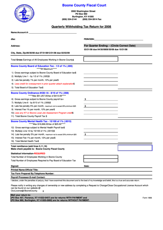 Form 1906 - Quarterly Withholding Tax Returnr - 2008 Printable pdf
