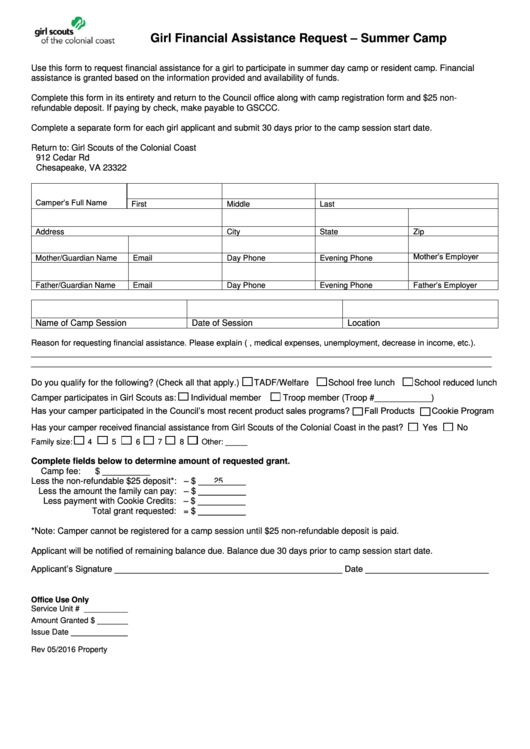 Fillable Girl Scouts Of The Colonial Coast Girl Financial Assistance Request Summer Camp Form Printable pdf