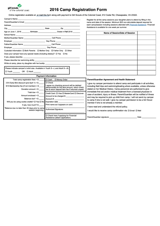 Fillable Camp Registration Form - 2016 Printable pdf