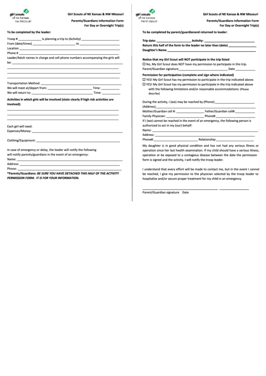 Fillable Girl Scouts Of Ne Kansas & Nw Missouri Parents/guardians Information Form For Day Or Overnight Trip(S) Form Printable pdf