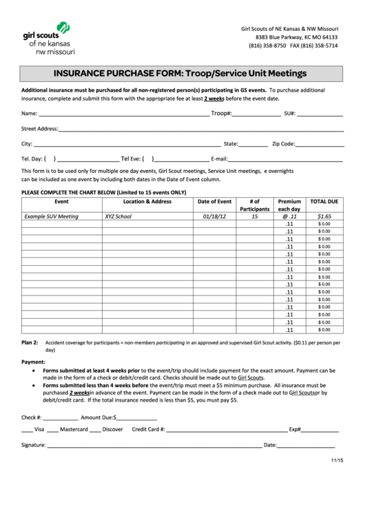 Fillable Girl Scouts Of Ne Kansas & Nw Missouri Insurance Purchase Form: Troop/service Unit Meetings Form Printable pdf