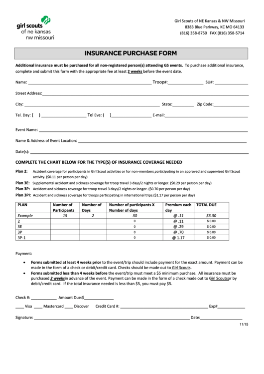 Fillable Girl Scouts Of Ne Kansas & Nw Missouri Insurance Purchase Form Printable pdf