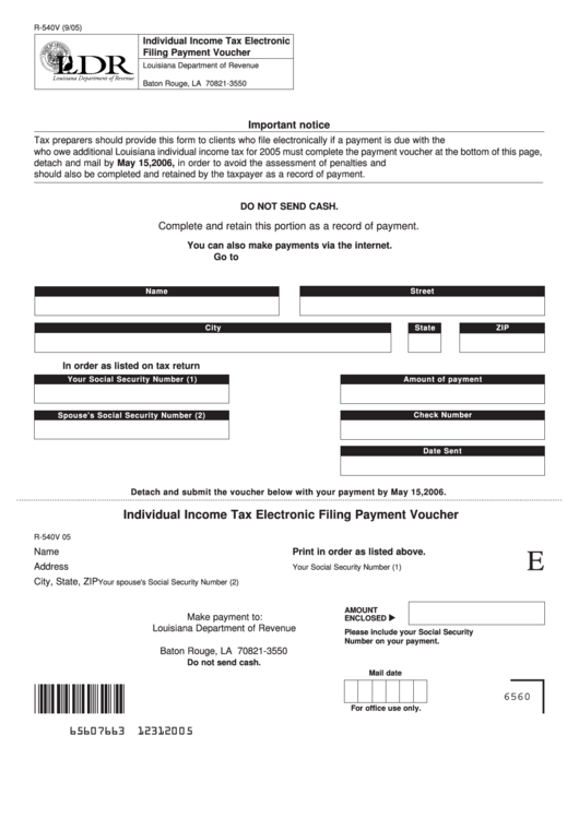 Fillable Form R-540v - Individual Income Tax Electronic Filing Payment Voucher Printable pdf