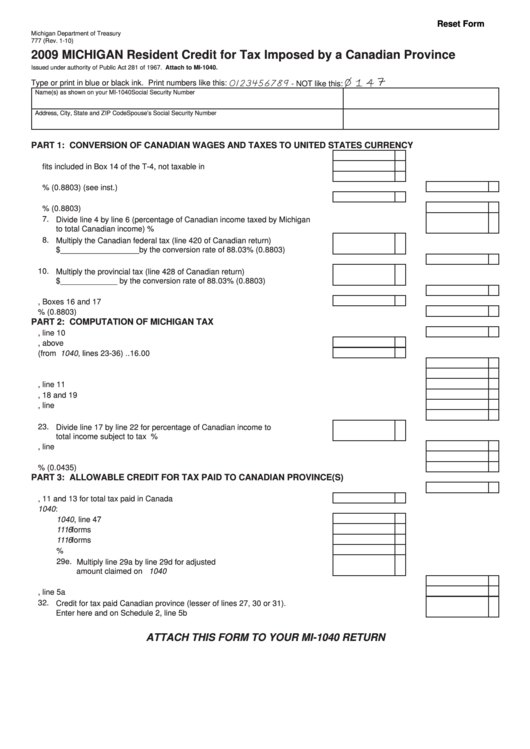 Fillable Form 777 - Michigan Resident Credit For Tax Imposed By A Canadian Province - 2009 Printable pdf