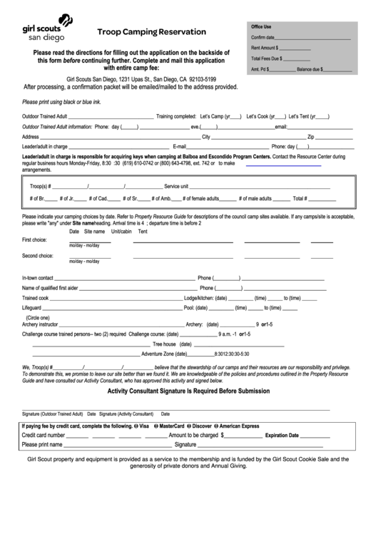 Form Pro-0027-W - Troop Camping Reservation Printable pdf