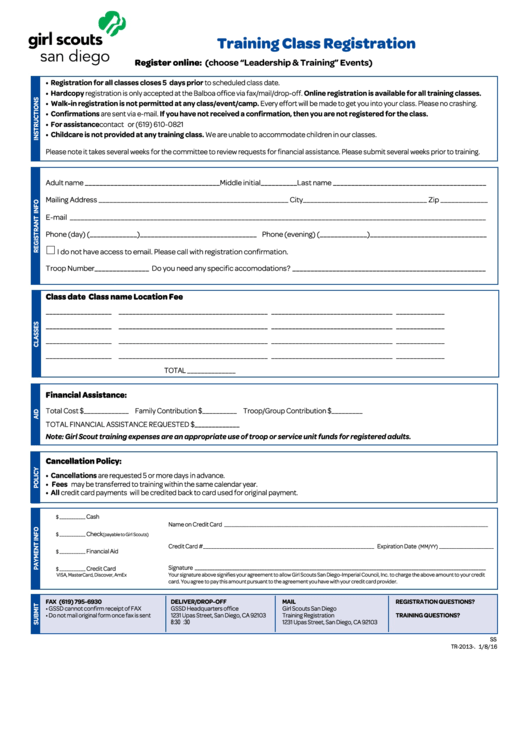 Fillable Form Tr-2013 - Training Class Registration Printable pdf