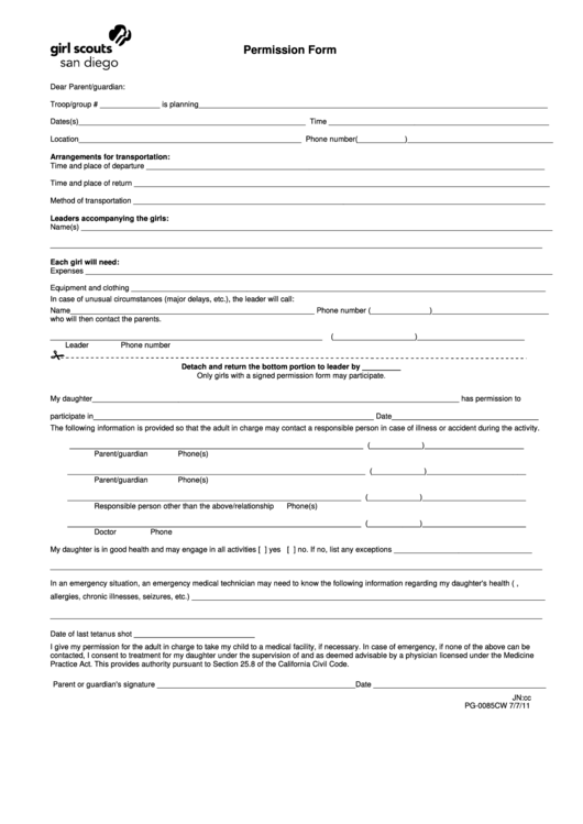 Fillable Form Pg-0085cw - Permission Form Printable pdf