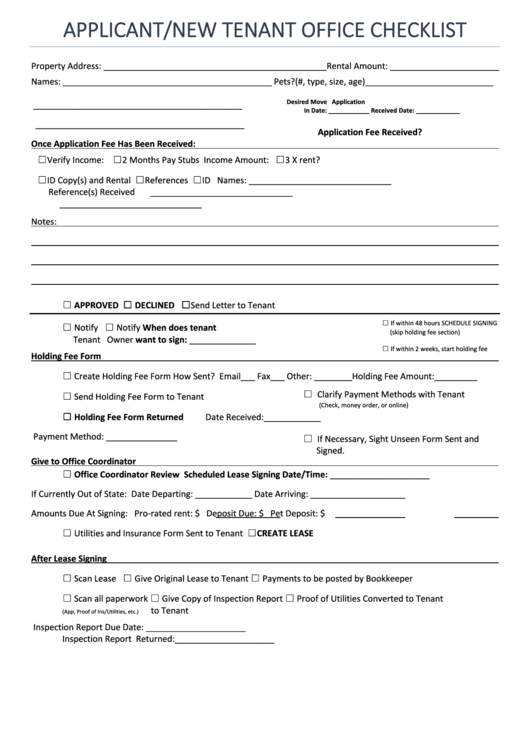 Applicant/new Tenant Office Checklist Form