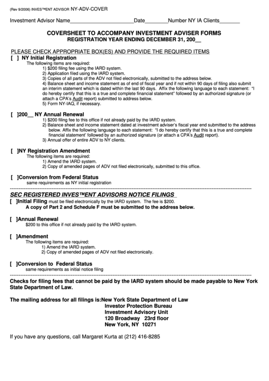 Coversheet To Accompany Investment Adviser Forms - New York State Department Of Law Printable pdf