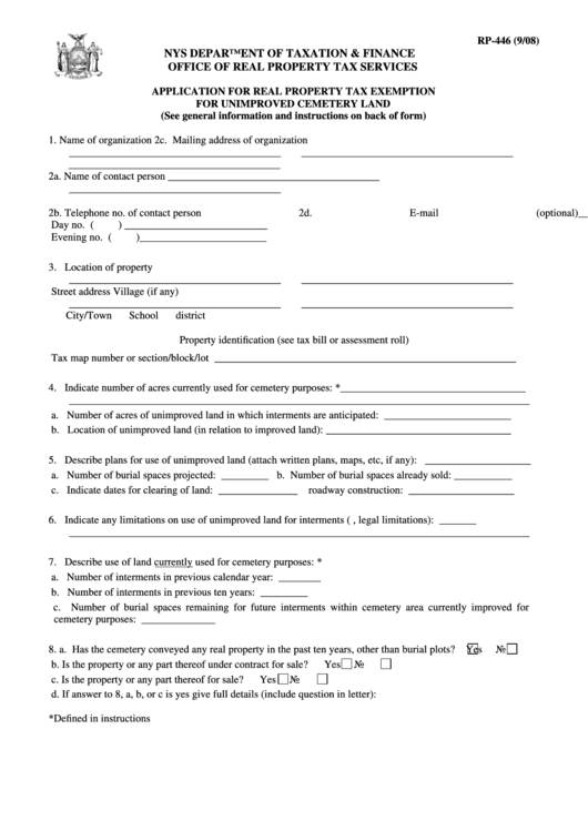 Form Rp-446 - Application For Real Property Tax Exemption For Unimproved Cemetery Land Printable pdf