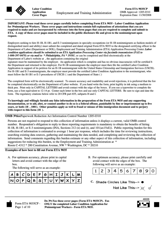 Form Eta 9035cp - Labor Condition Application Cover Pages Printable pdf
