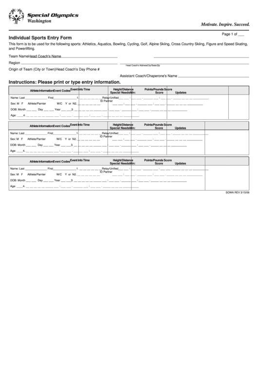 Fillable Individual Sports Entry Form Printable pdf