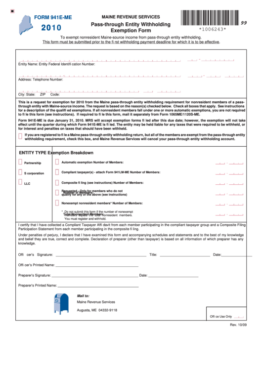 Form 941e-Me - Pass-Through Entity Withholding Exemption - 2010 Printable pdf