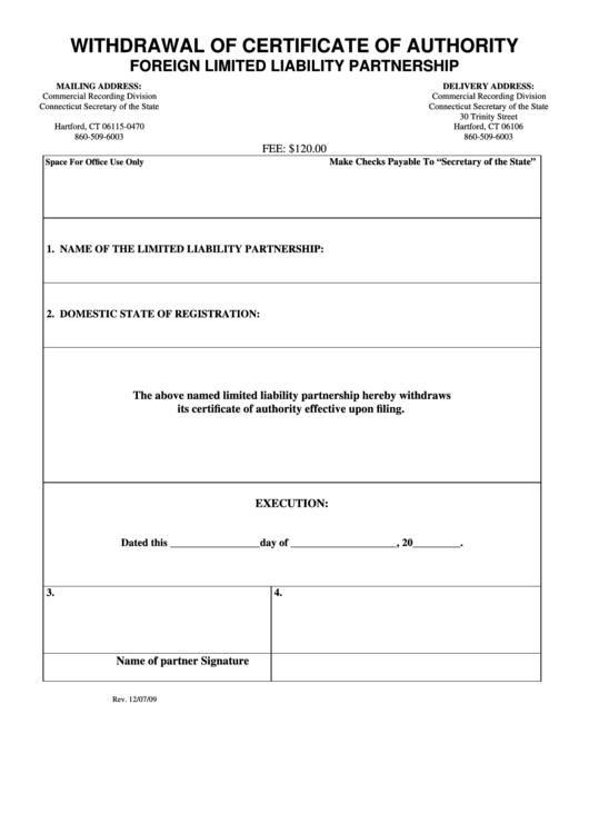 Withdrawal Of Certificate Of Authority Foreign Limited Liability Partnership Form - Connecticut Secretary Of The State (2009) Printable pdf