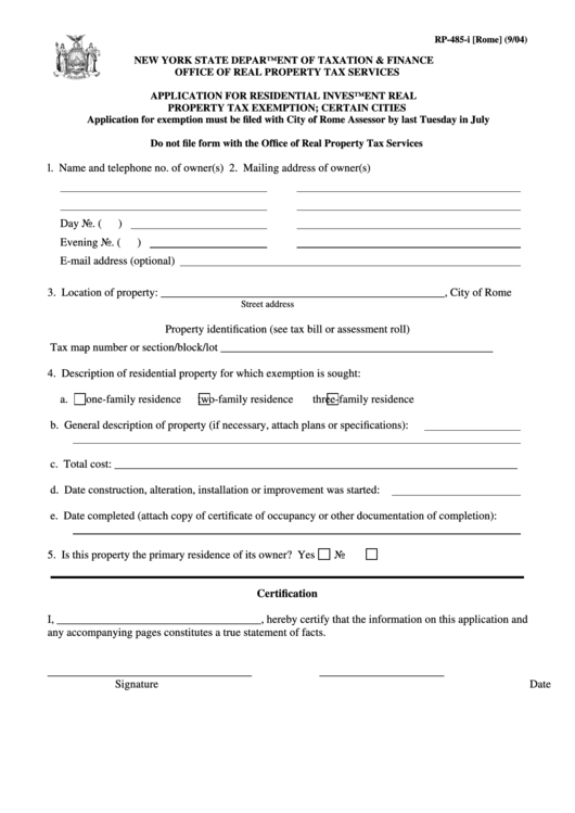 Form Rp-485-I - Application For Residential Investment Real Property Tax Exemption - Rome Printable pdf