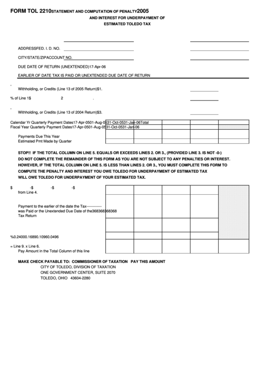 Form Tol 2210 - Statement And Computation Of Penalty And Interest For Underpayment Of Estimated Toledo Tax Printable pdf
