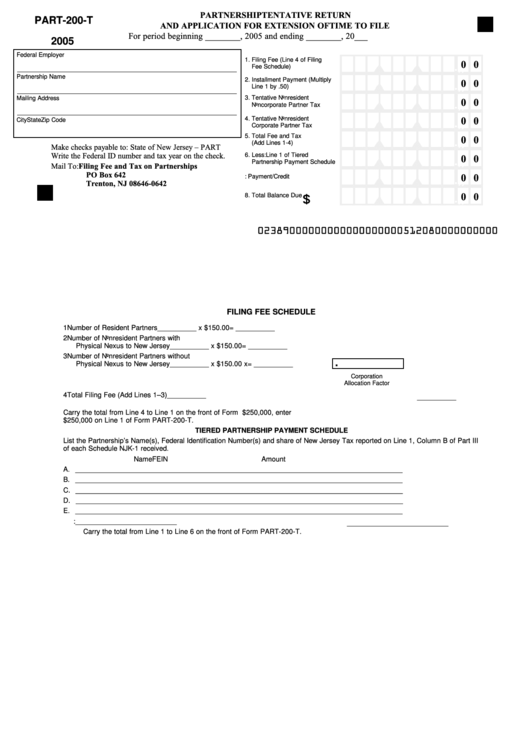 Fillable Form Part-200-T - Partnership Tentative Return And Application For Extension Of Time To File - 2005 Printable pdf