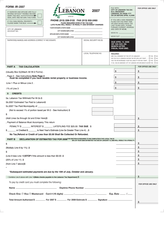 Form Ir-2007 - Lebanon Tax Calculation Printable pdf