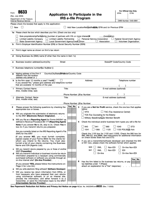 Fillable Form 8633 - Application To Participate In The Irs E-File Program - 2003 Printable pdf