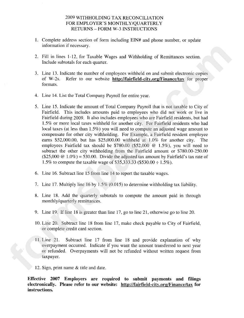 2009 Withholding Tax Reconciliation For Employhers Monthly/quarterly Returns - Form W-3 Instructions
