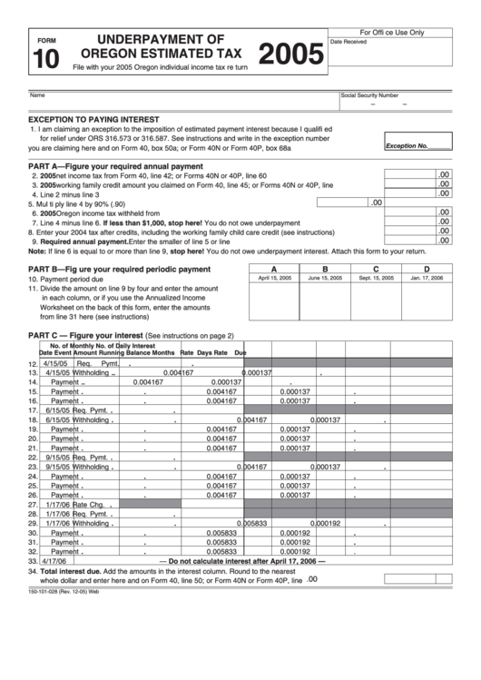 Fillable Form 10 - Underpayment Of Oregon Estimated Tax - 2005 Printable pdf