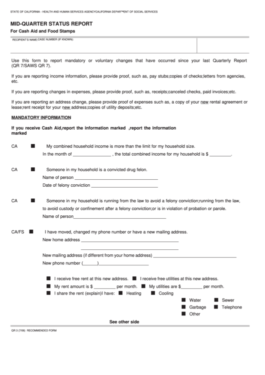 Fillable Form Qr 3 - Mid-Quarter Status Report For Cash Aid And Food Stamps - 2006 - State Of California - Health And Human Services Agency Printable pdf