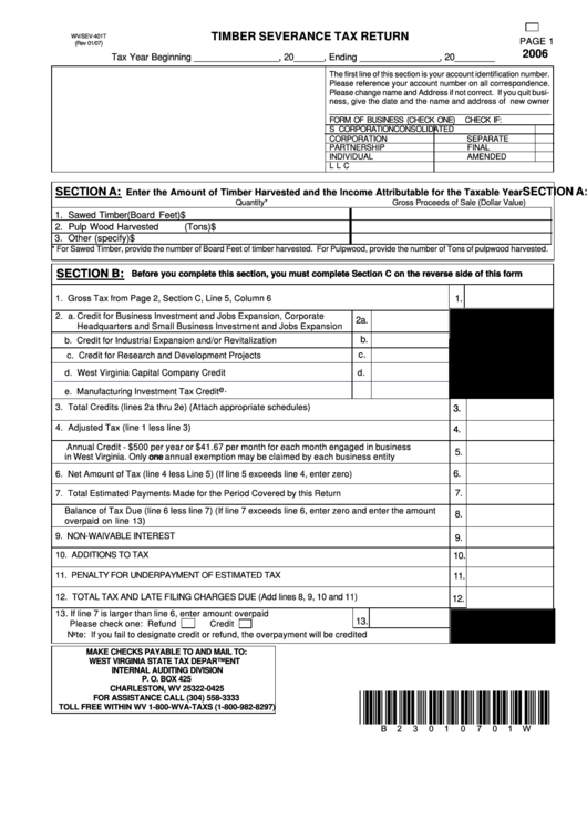 Form Wv/sev-401t - Timber Severance Tax Return - 2006 Printable pdf