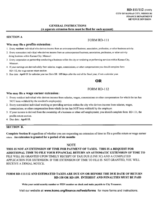 General Instructions For Rd-111/112 Sheet Printable pdf