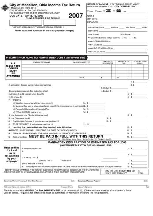 Income Tax Return Form - City Of Massillon - 2007 Printable pdf