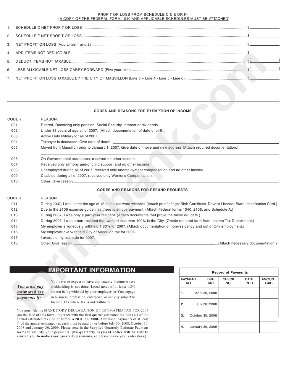 Income Tax Return Form - City Of Massillon - 2007