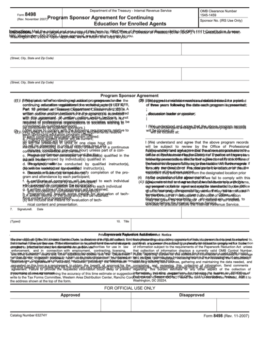 Fillable Form 8498 - Program Sponsor Agreement For Continuing Education For Enrolled Agents - 2007 Printable pdf