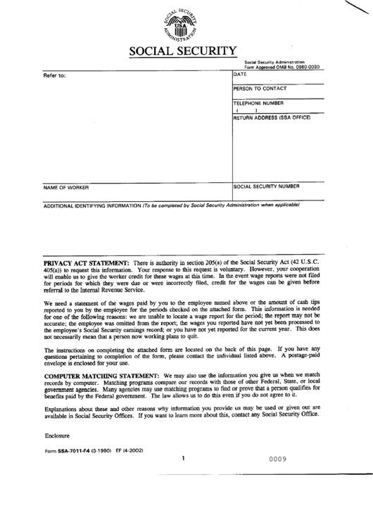 Form Ssa-7011-F4 - Social Security Printable pdf