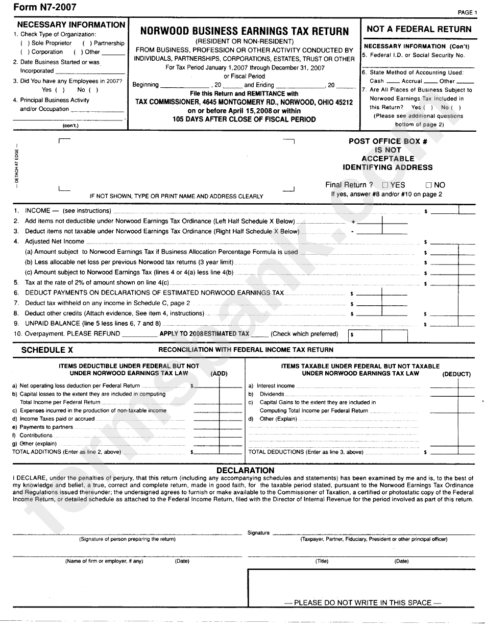 Form N7-2007 - Norwood Business Earnings Tax Return