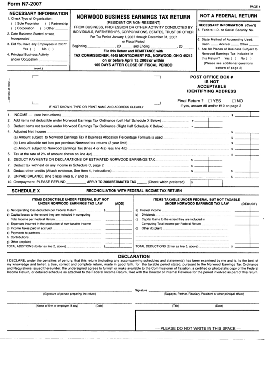 Form N7-2007 - Norwood Business Earnings Tax Return Printable pdf