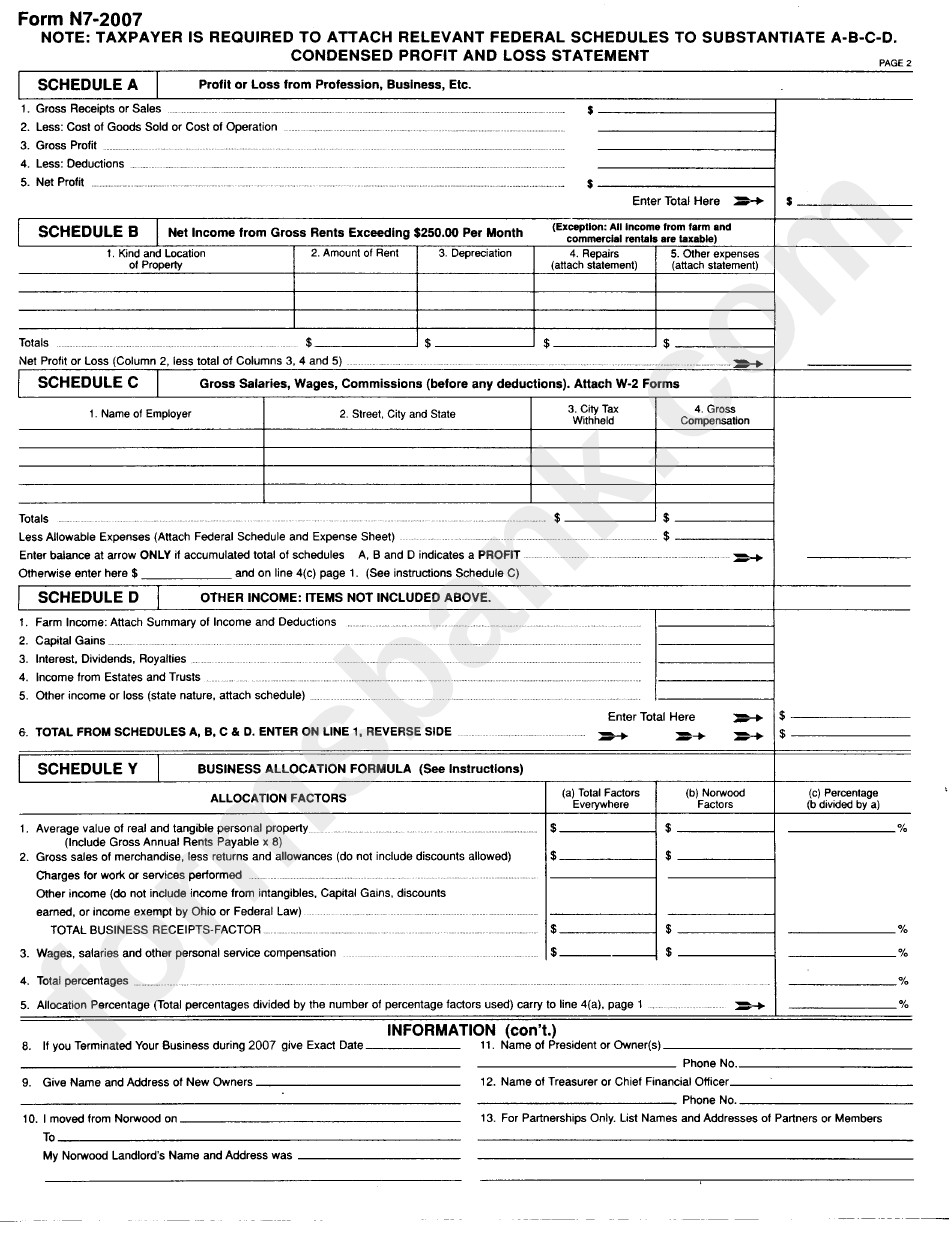 Form N7-2007 - Norwood Business Earnings Tax Return