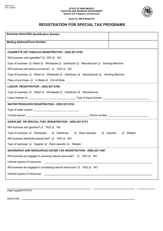 Form Rpd-41218 - Registration For Special Tax Programs-2008 Printable pdf