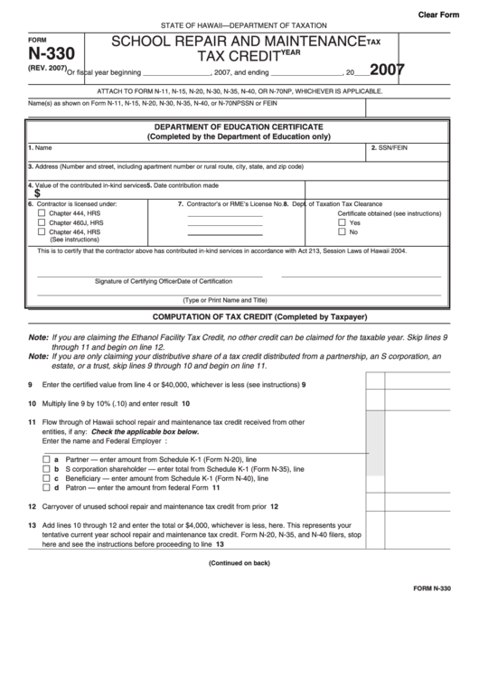 Fillable Form N-330 - School Repair And Maintenance Tax Credit - 2007 