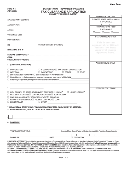 Fillable Form A6 Tax Clearance Application (2006) printable pdf download