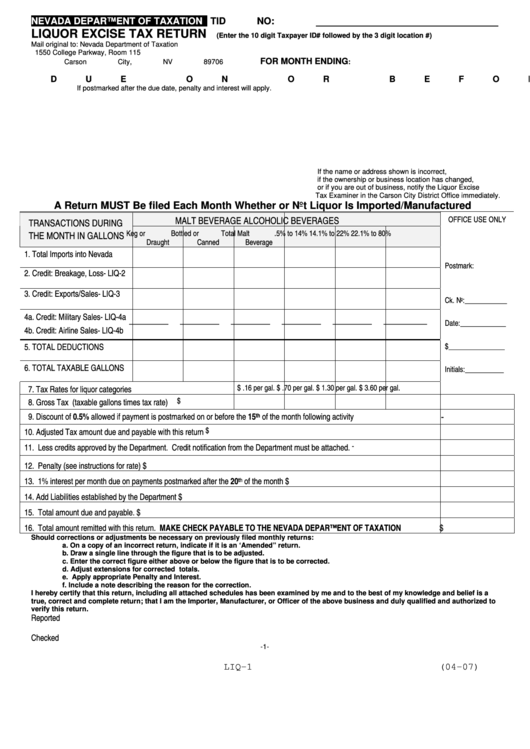 Form Liq-1 - Nevada Department Of Taxation Liquor Excise Tax Return ...
