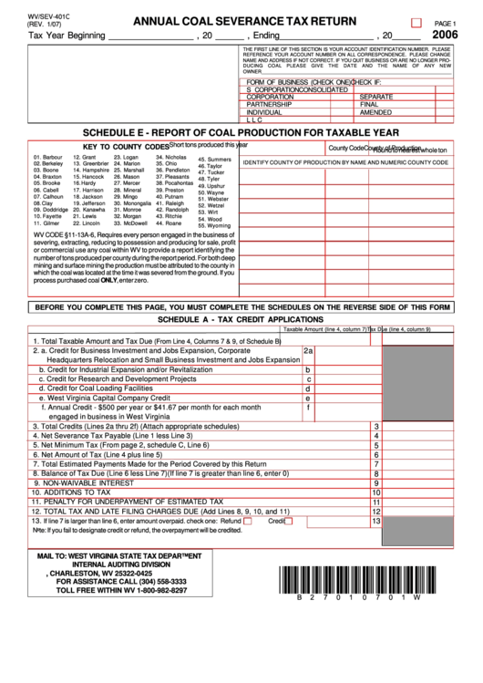 Form Wv/sev-401c - Annual Coal Severance Tax Return - 2006 Printable pdf