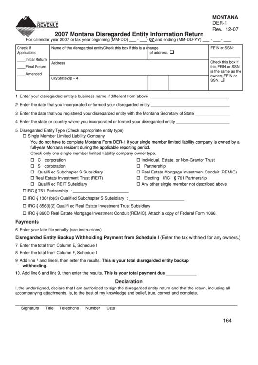 Form Der-1 - 2007 Montana Disregarded Entity Information Return Printable pdf