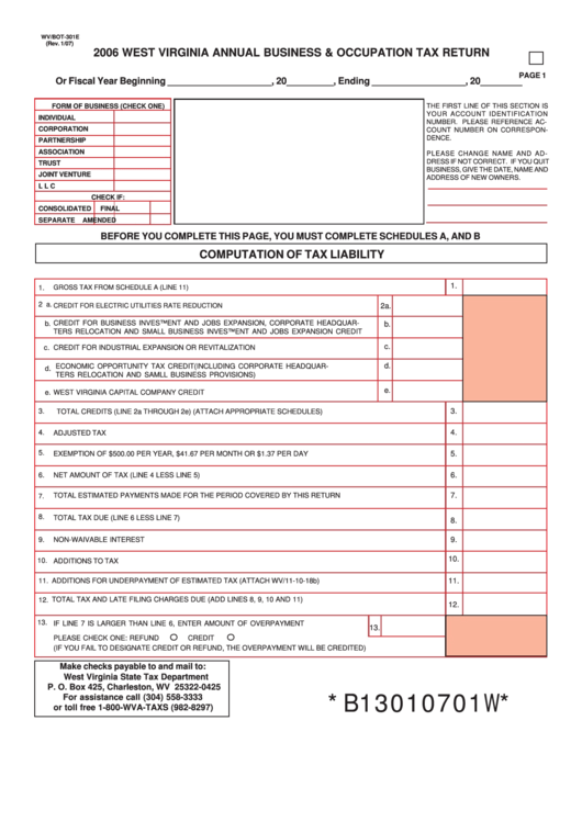 Form Wv/bot301e 2006 West Virginia Annual Business & Occupation Tax